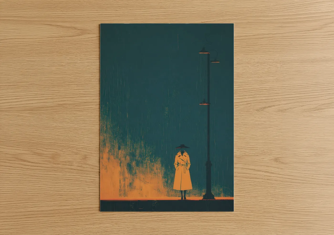 Fashion illustration art print on warm oak wood — teal and gold palette — Rainy Street Fashion poster