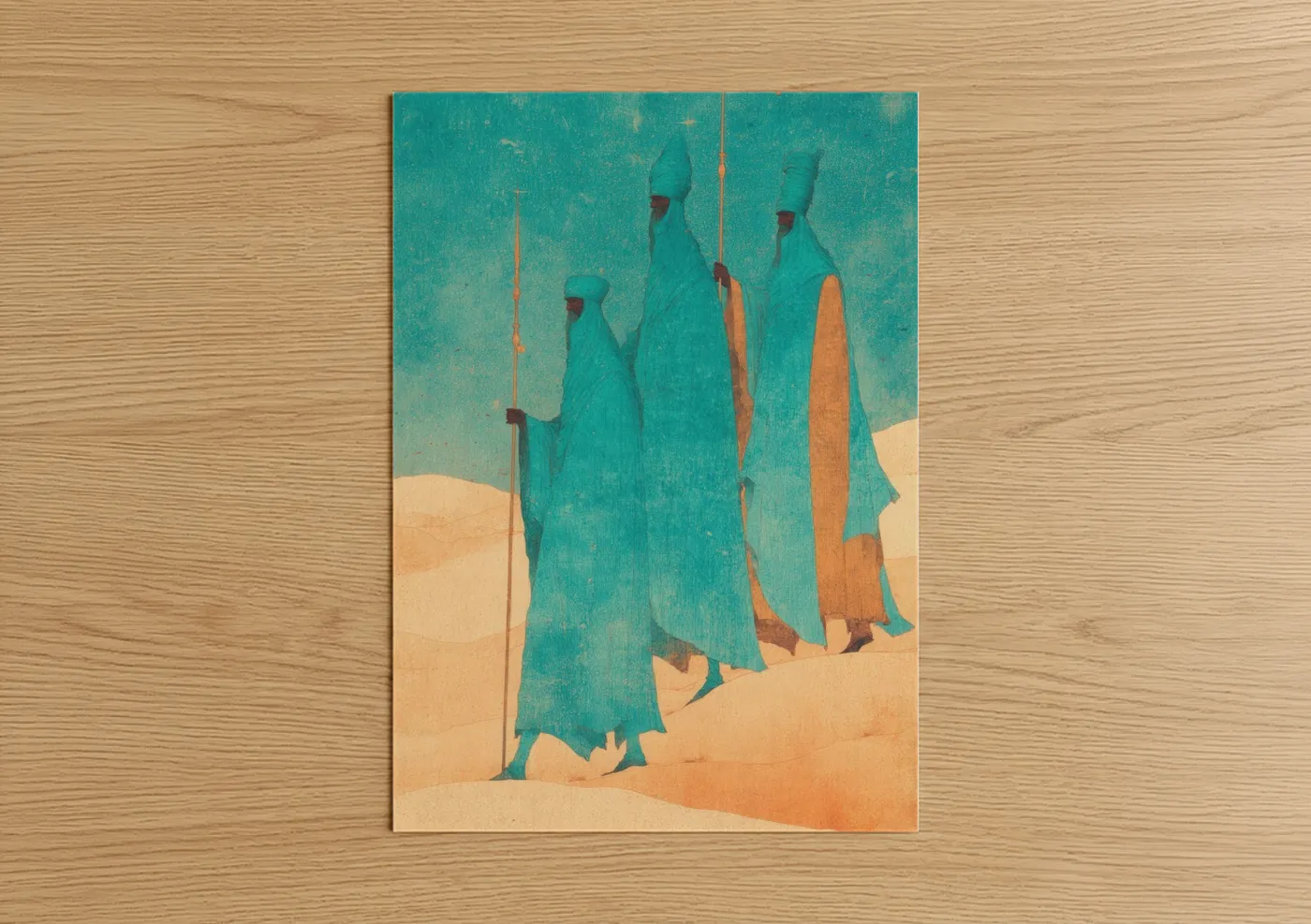 Epiphany art print on warm oak wood — teal and peach palette — Desert Pilgrims poster