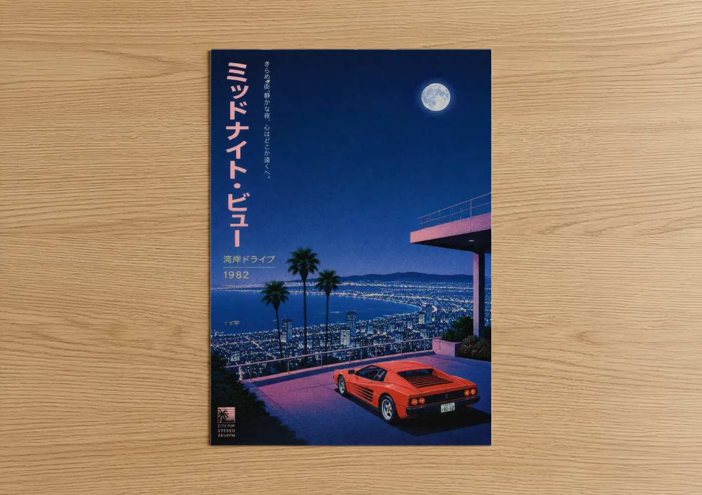 Night sky art print on warm oak wood — blue and pink palette — Retro Japanese Night City Sports Car Wall Art poster