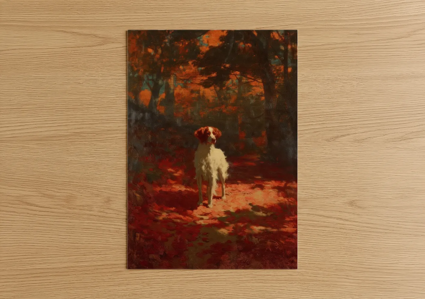Art print on warm oak wood — russet and gold palette — Autumn Spaniel poster