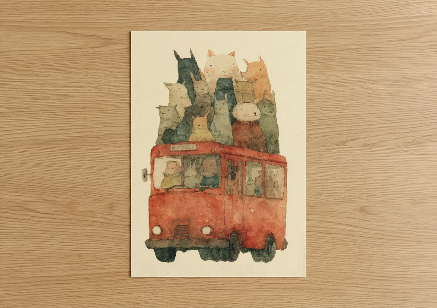 Art print on warm oak wood — cream and russet palette — Whimsical Bus Cats poster