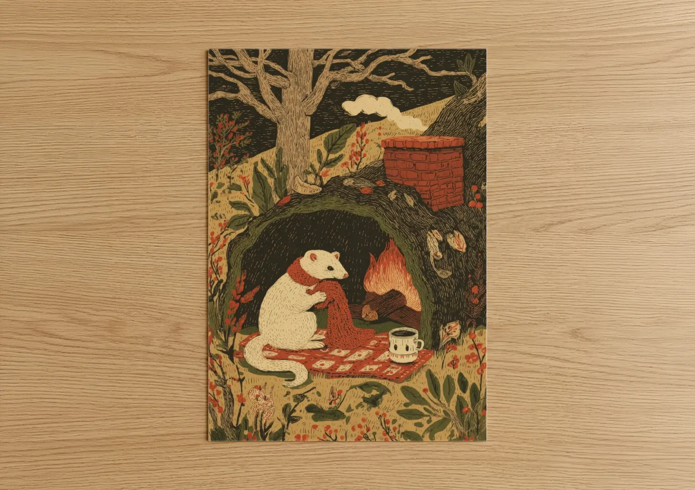 Cozy Weasel Woodland Illustration Wall Art