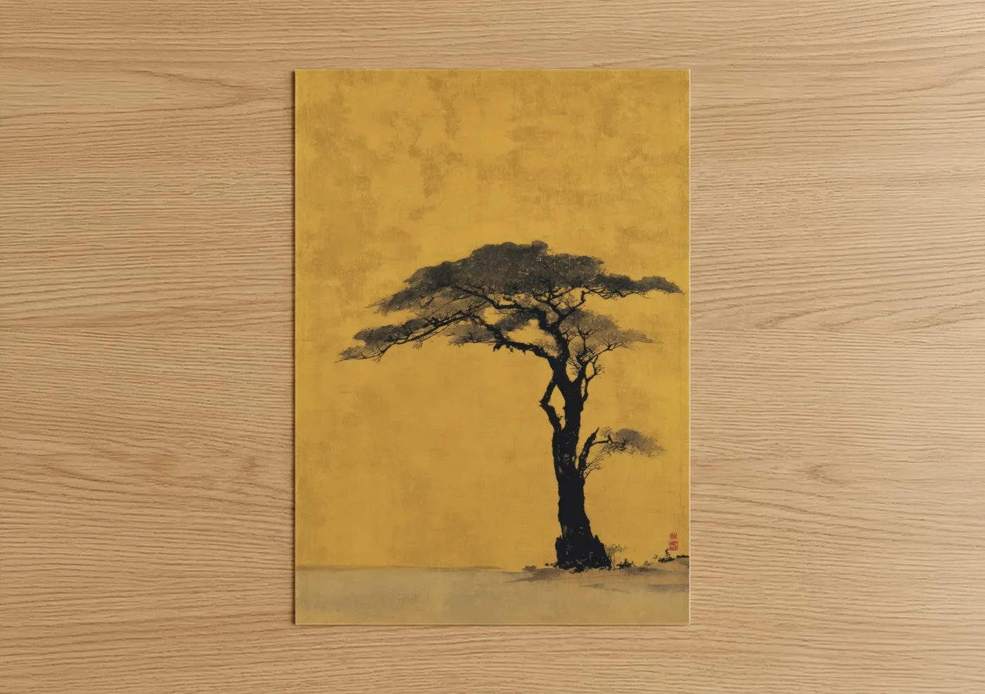 Savanna and desert trees art print on warm oak wood — yellow gold and black palette — Golden Acacia poster