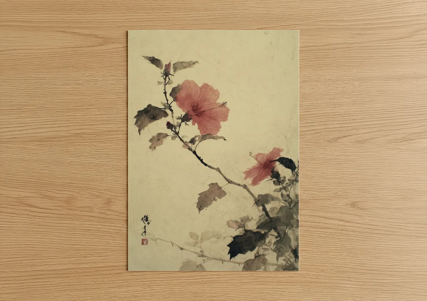 Art print on warm oak wood — cream and rose gold palette — Pink Hibiscus Branch poster