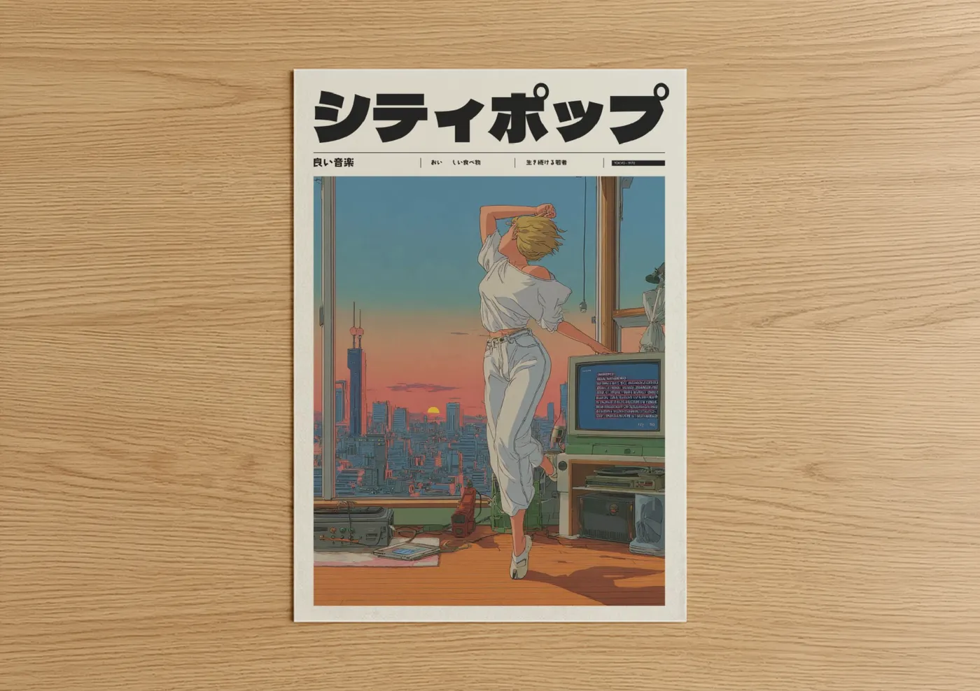 Anime and manga art print on warm oak wood — orange and blue palette — Sunset Apartment poster
