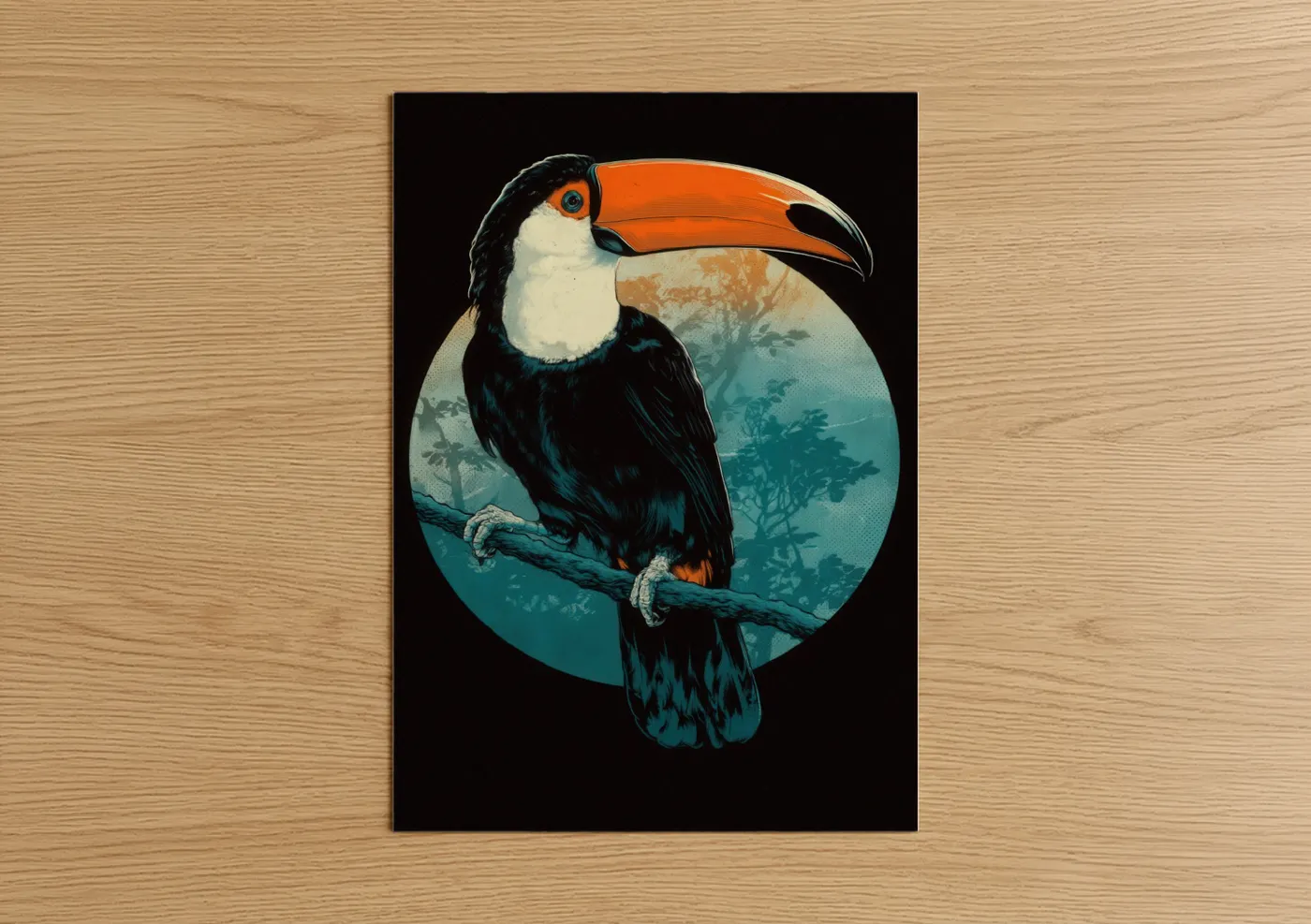 Art print on warm oak wood — orange and teal palette — Tropical Toucan poster