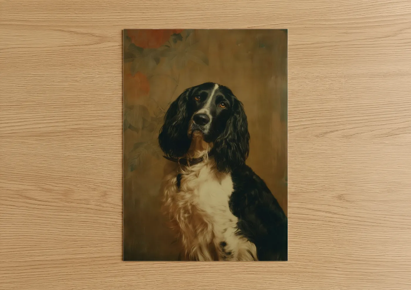 Art print on warm oak wood — brown and cream palette — Elegant Spaniel Portrait poster