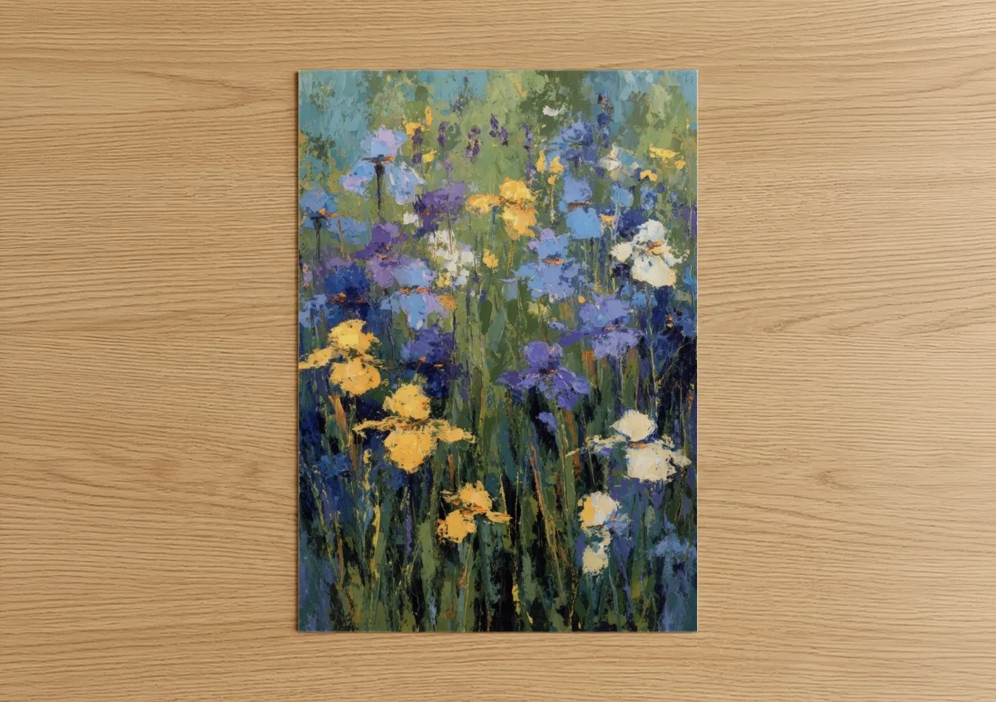 Art print on warm oak wood — blue and gold palette — Iris Garden Impressionist poster