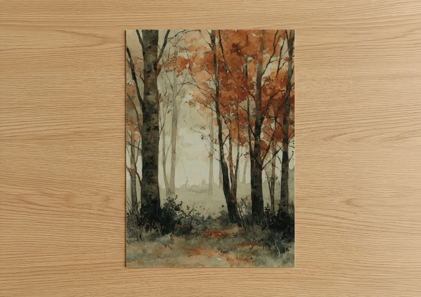 Art print on warm oak wood — cream palette — Autumn Maple Forest poster