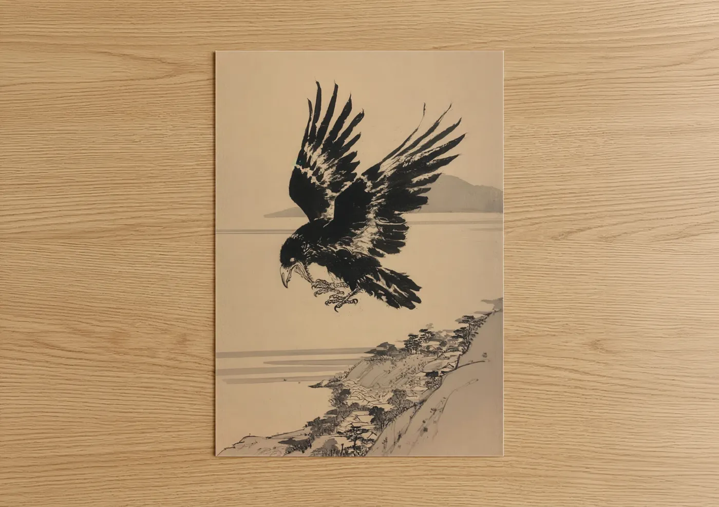 Soaring Raven Over Mountain Lake Wall Art