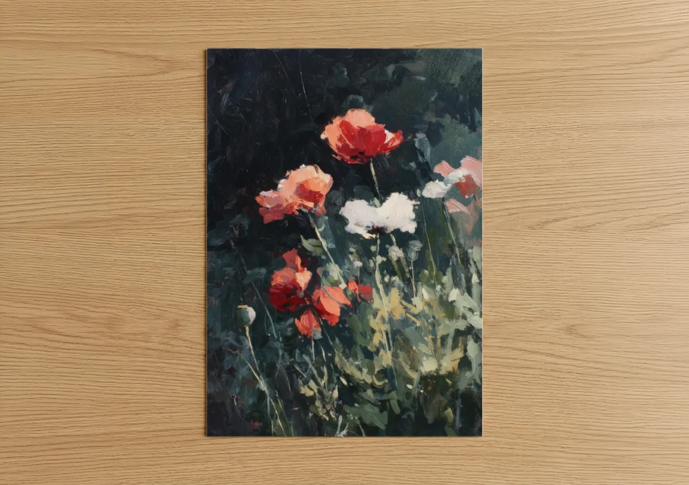 Art print on warm oak wood — red and dark green palette — Crimson Poppies poster