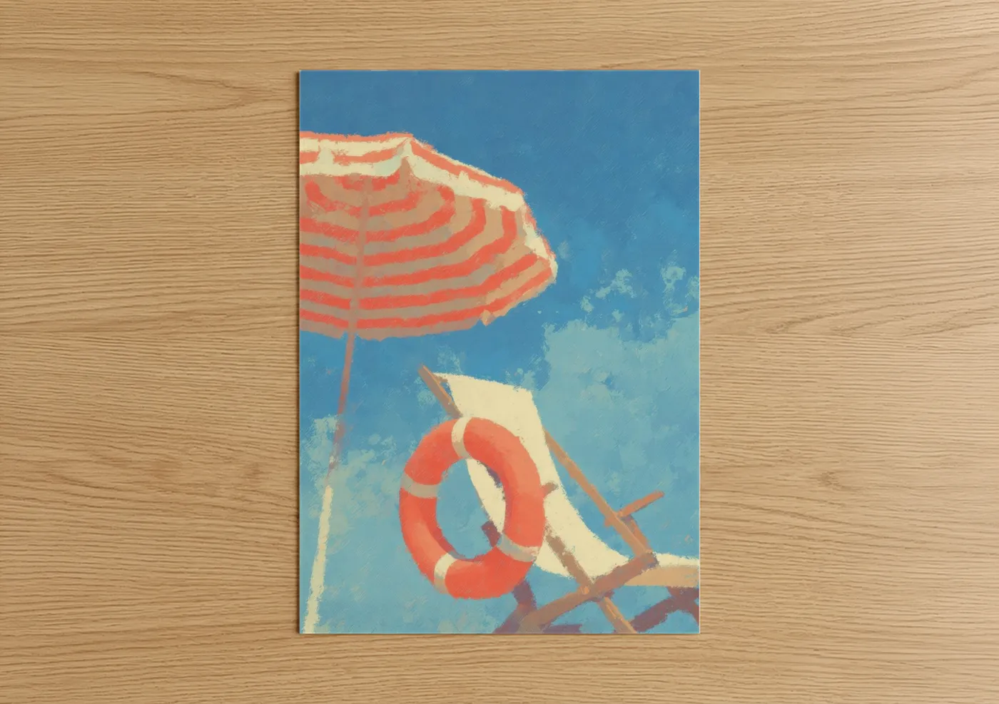 Life ring art print on warm oak wood — blue and orange palette — Seaside Rescue Ring poster