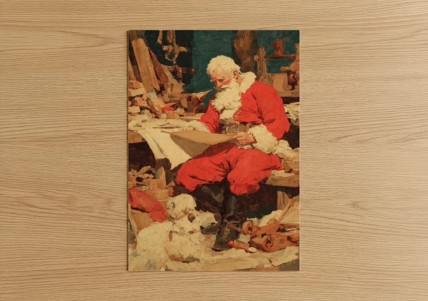 Christmas art print on warm oak wood — red and gold palette — Santa's Workshop poster