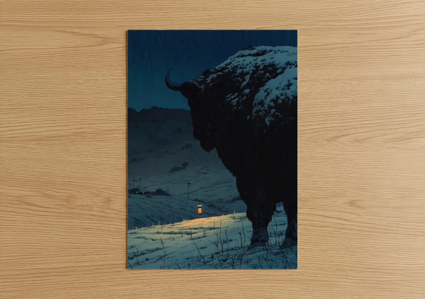Snowy Angus Cow Winter Night Scene Wall Art