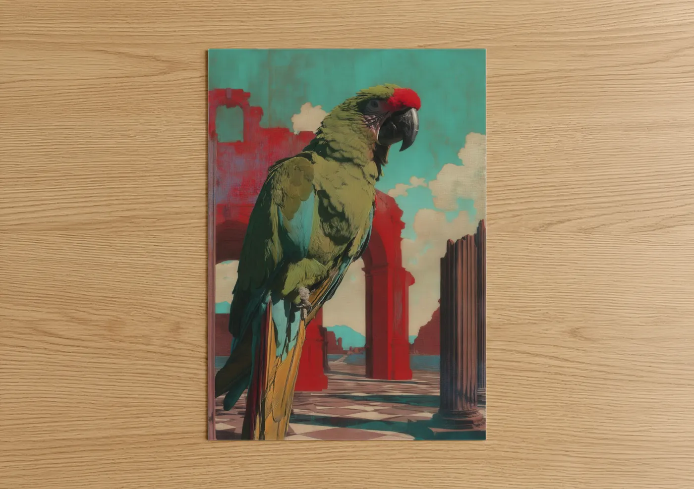 Safari parrots art print on warm oak wood — teal and red palette — Urban Parrot poster