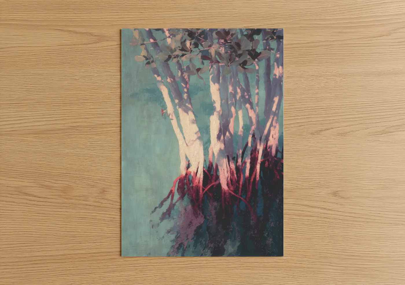 Art print on warm oak wood — teal and maroon palette — Sunlit Mangrove poster