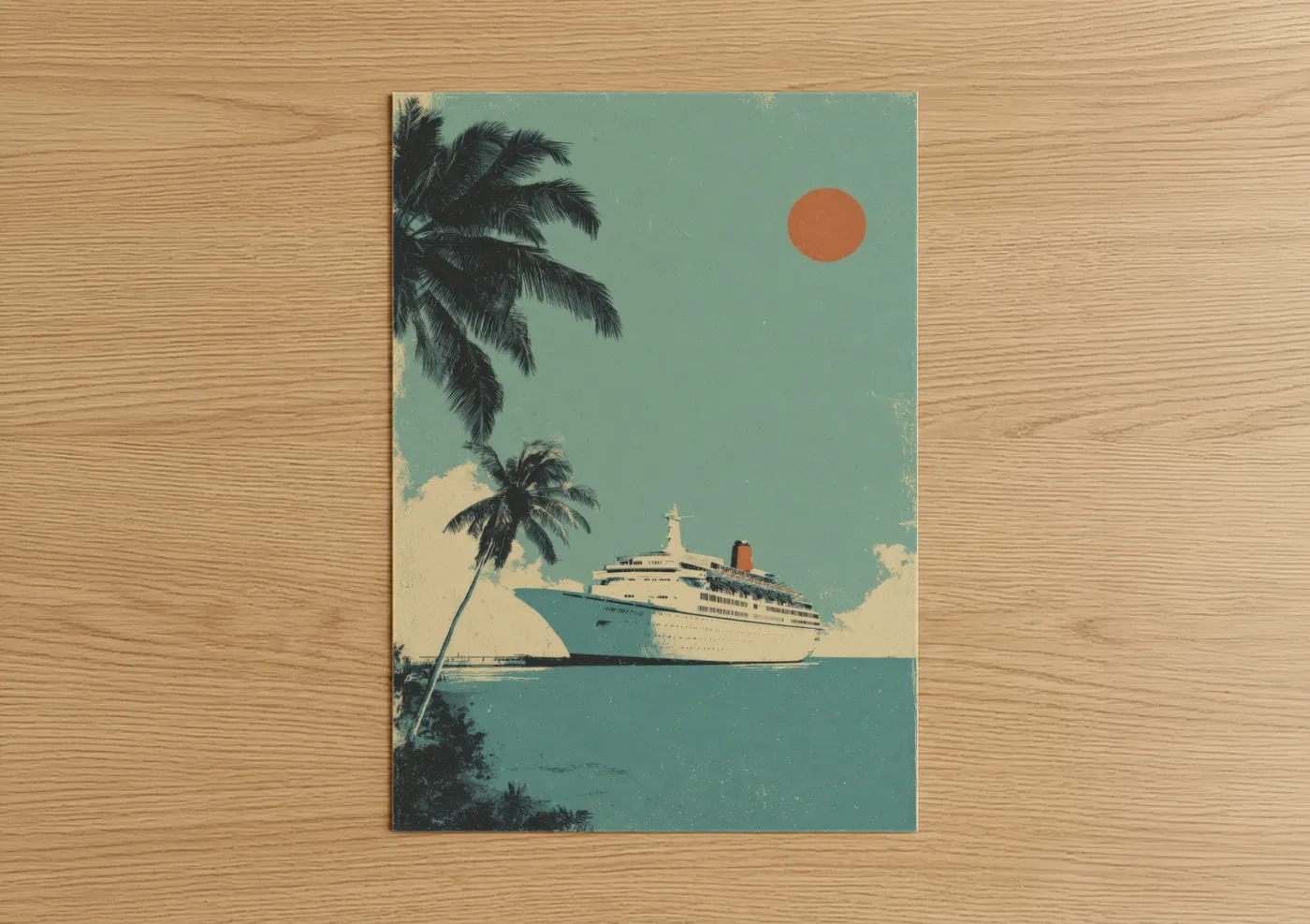 Cruise ship art print on warm oak wood — teal and salmon pink palette — Tropical Cruise Paradise poster