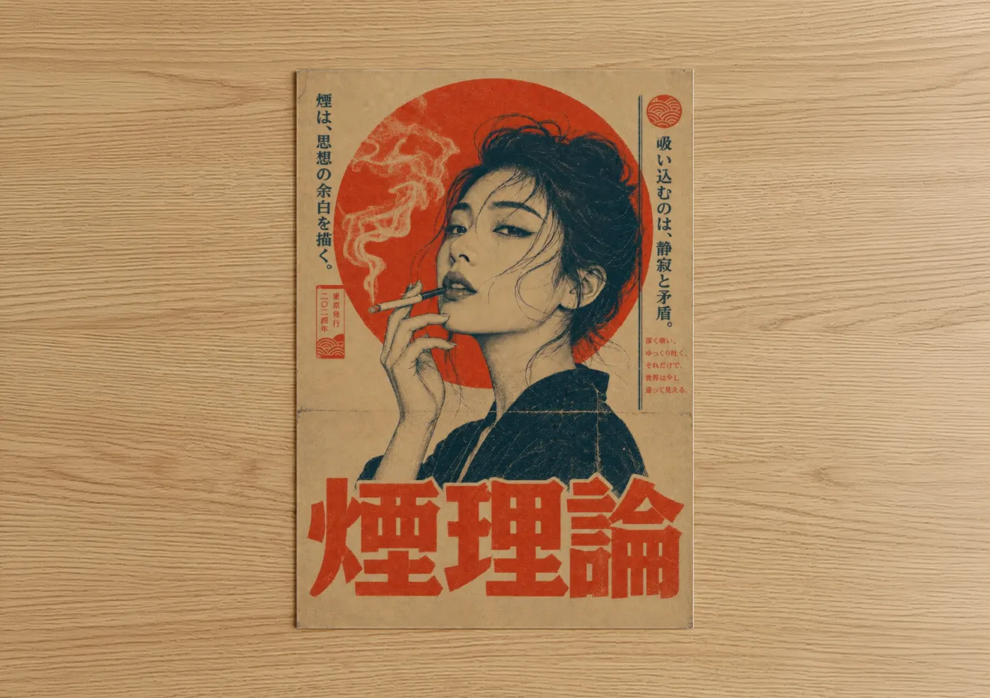 Art print on warm oak wood — red and beige palette — Vintage Japanese Smoking Woman Wall Art poster