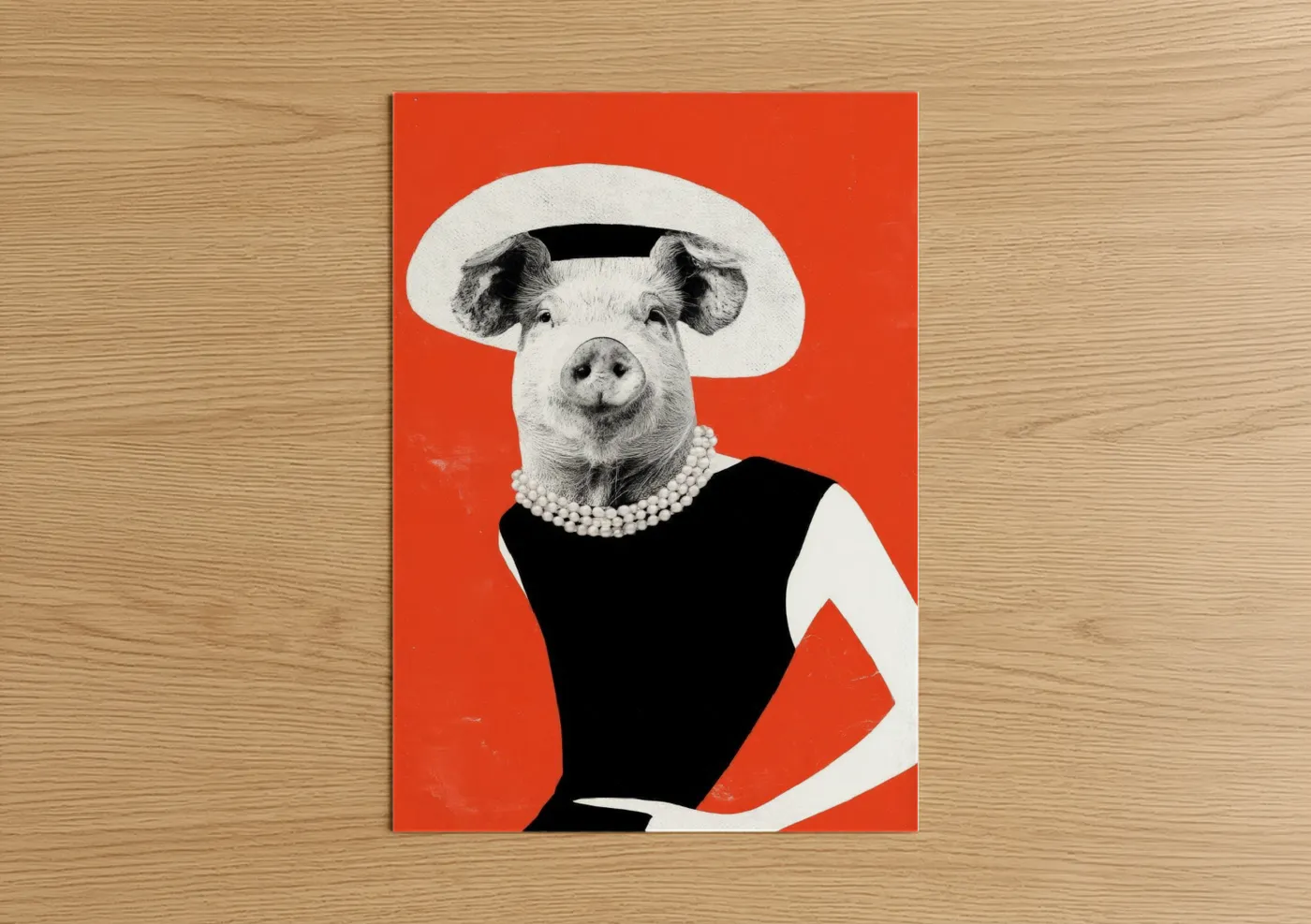 Art print on warm oak wood — red and black and white palette — Glamour Pig poster