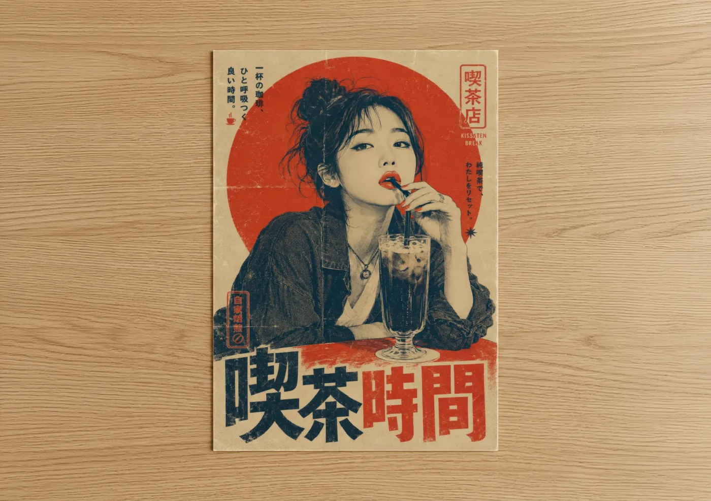 Fashion illustration art print on warm oak wood — red and beige palette — Vintage Japanese Coffee Shop Wall Art poster