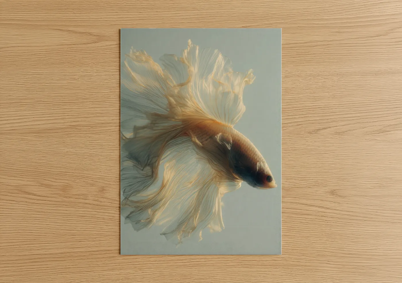 Betta fish art print on warm oak wood — gold and white palette — Golden Betta Elegance poster