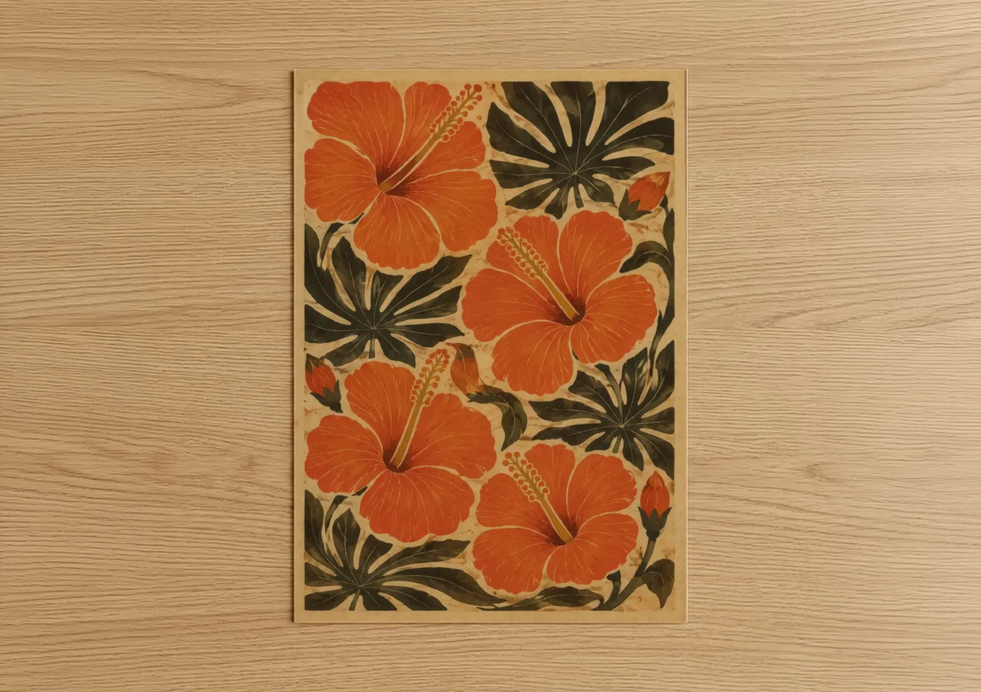 Art print on warm oak wood — orange and beige palette — Vintage Hibiscus Tropical Flower Wall Art poster
