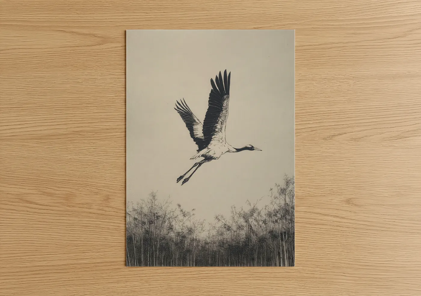 Art print on warm oak wood — black and white and beige palette — Ascending Crane poster