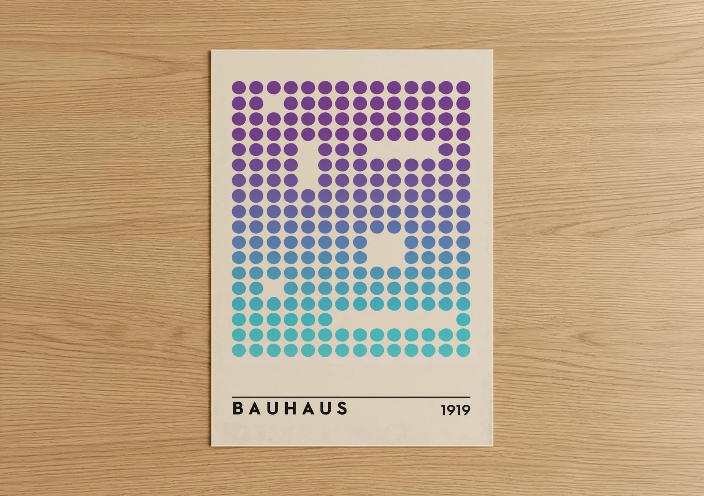 Abstract geometric art print on warm oak wood — purple and teal palette — Bauhaus Gradient poster