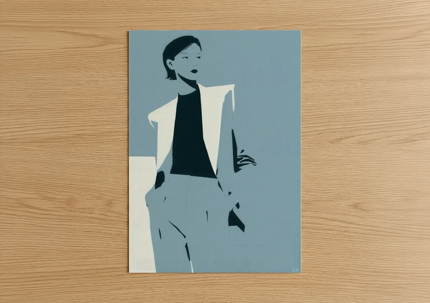 Fashion illustration art print on warm oak wood — blue and white and black palette — Modern Elegance poster