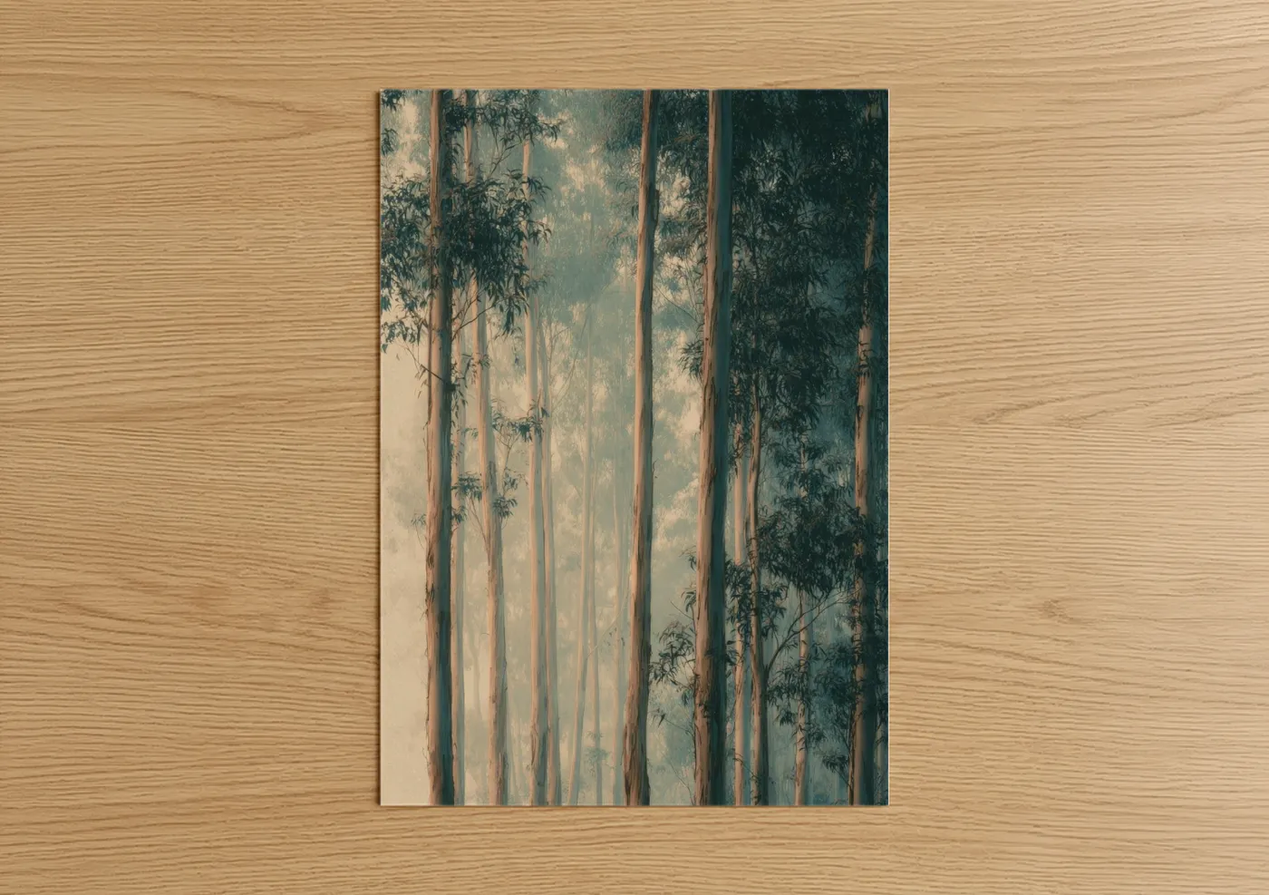 Eucalyptus forest art print on warm oak wood — blue and gold and sage green palette — Misty Eucalyptus poster