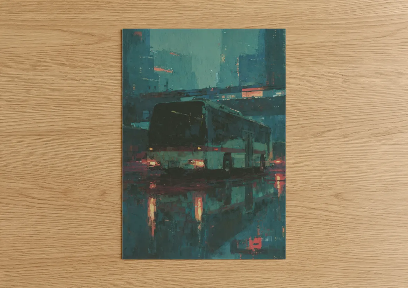 Art print on warm oak wood — teal and red palette — Neon Night Bus poster