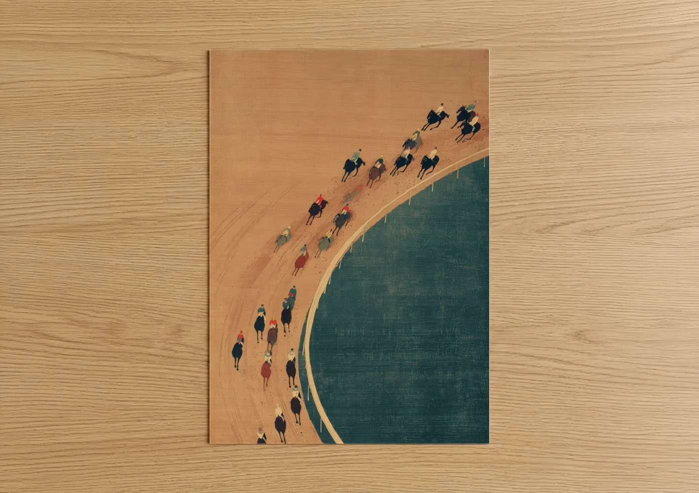 Horse racing art print on warm oak wood — orange and teal palette — Desert Caravan poster
