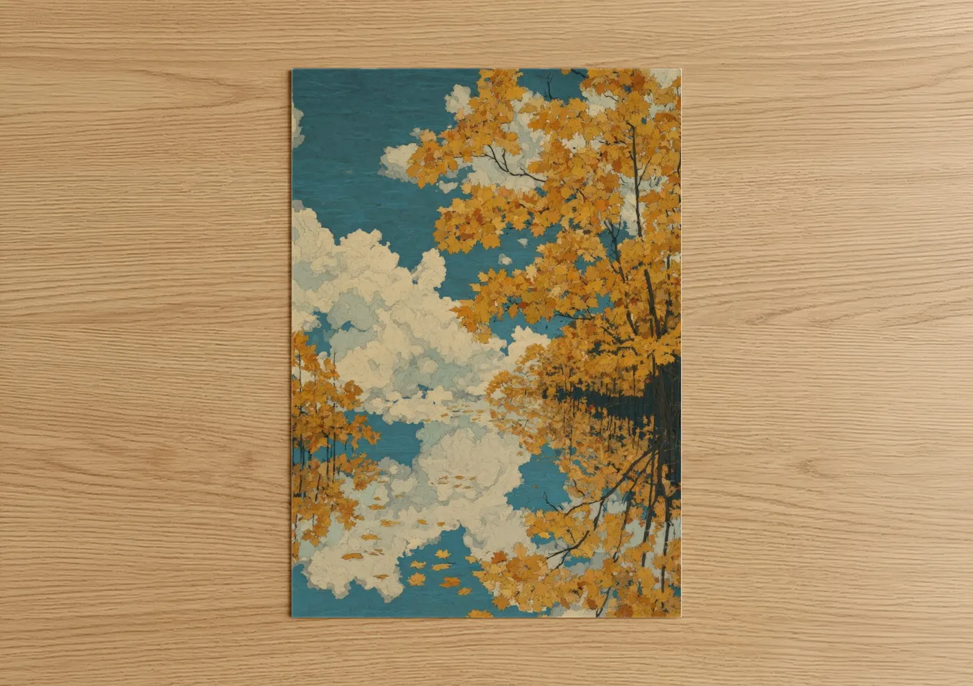 Art print on warm oak wood — gold and blue palette — Golden Autumn Sky poster