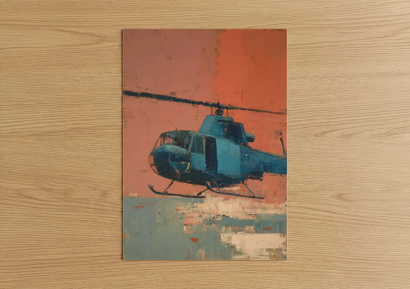 Art print on warm oak wood — orange and blue palette — Vintage Helicopter poster