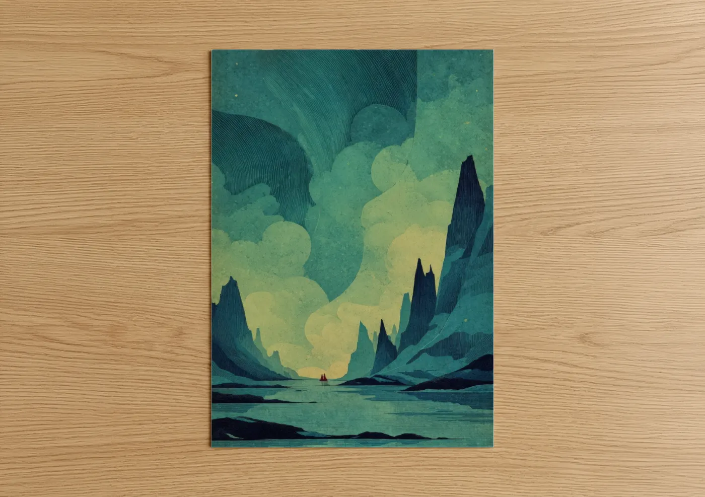 Night sky art print on warm oak wood — teal and yellow gold palette — Aurora Canyon poster