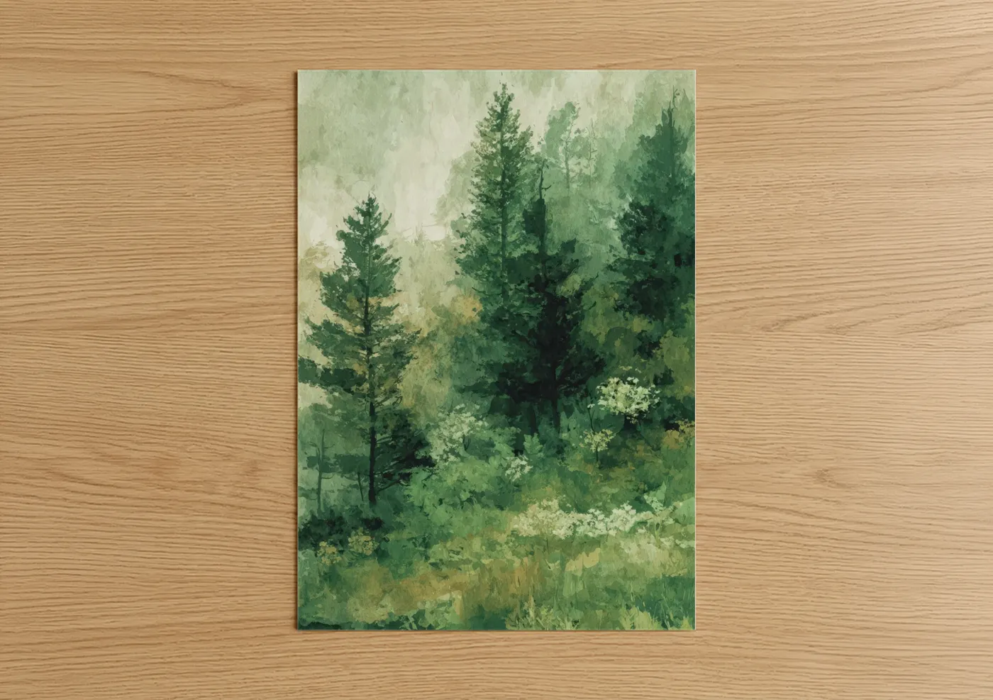 Art print on warm oak wood — light green and sage green palette — Misty Cedar Forest poster