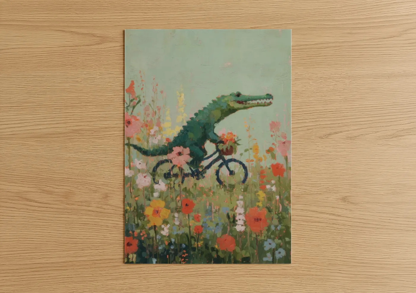 Whimsical Alligator Riding Bicycle Wall Art