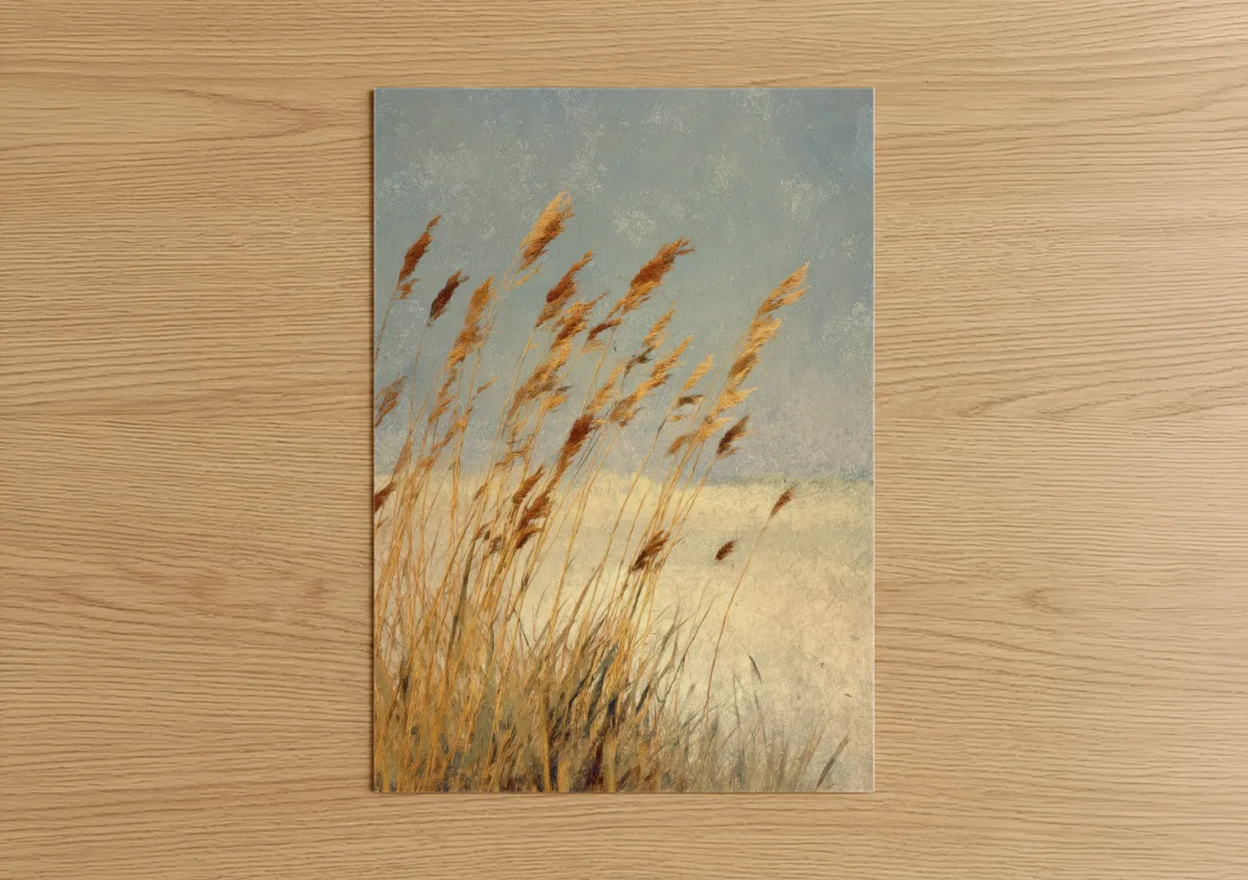 Art print on warm oak wood — gold and gray palette — Golden Grass Breeze poster