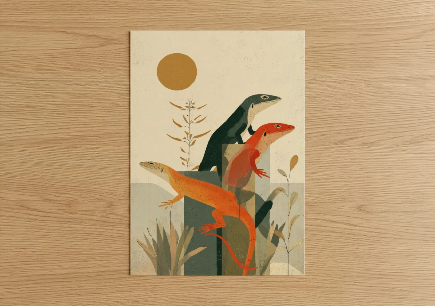 Stacked Lizard Trio Minimalist Illustration Wall Art