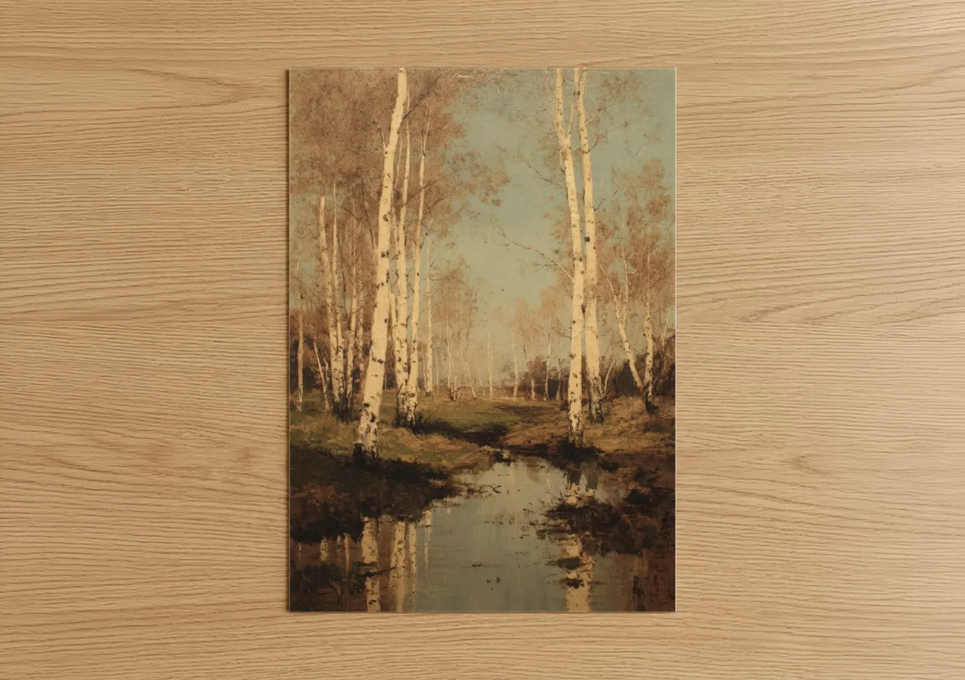 Serene Birch Forest Stream Watercolor Wall Art