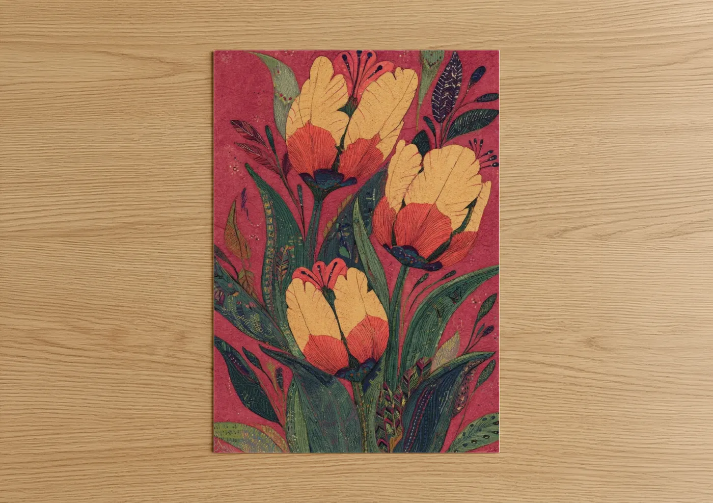 Art print on warm oak wood — magenta and gold and pink palette — Crimson Tulip Bouquet poster