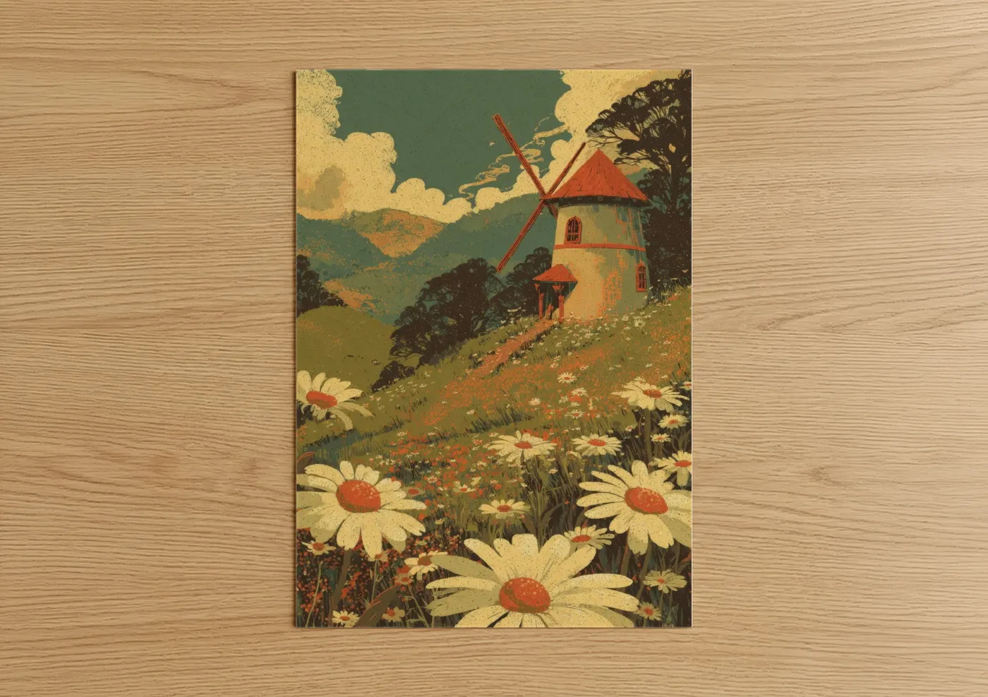 Windmills art print on warm oak wood — gold and teal palette — Rustic Windmill Garden poster