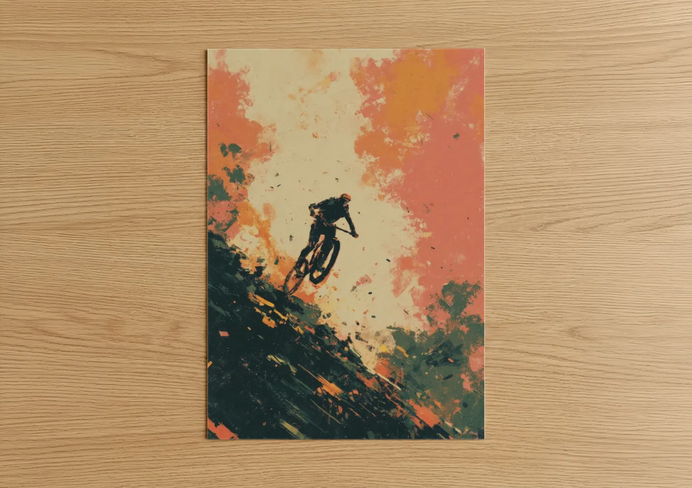 Art for boy art print on warm oak wood — orange and teal palette — Mountain Biker poster