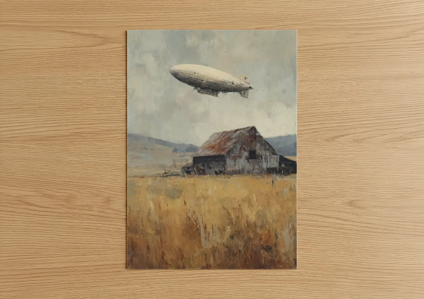 Art print on warm oak wood — cream and gray palette — Vintage Airship poster