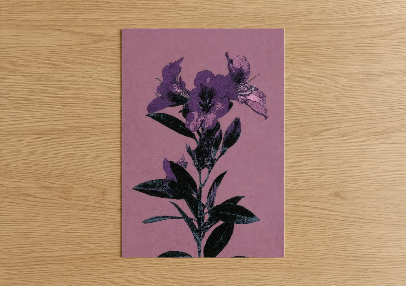 Art print on warm oak wood — magenta and black palette — Purple Lilac Botanical poster