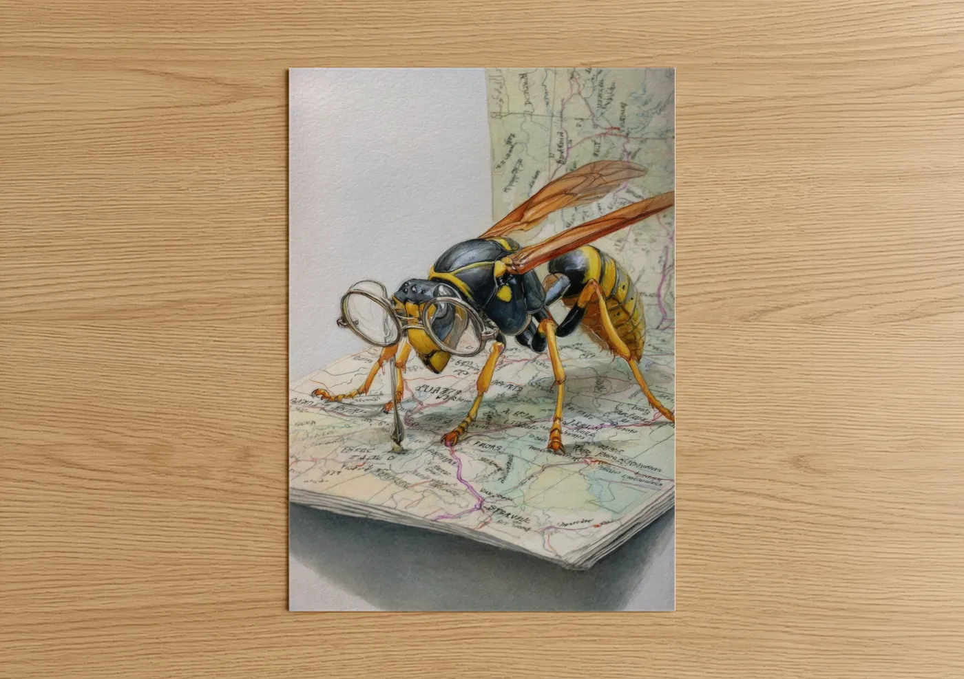 Art print on warm oak wood — gold and black and white palette — Map Explorer Wasp poster