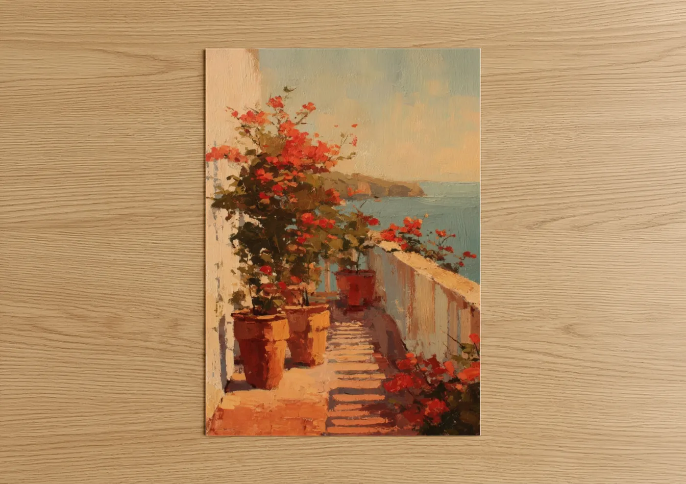Art print on warm oak wood — red and gold palette — Mediterranean Sunrise poster