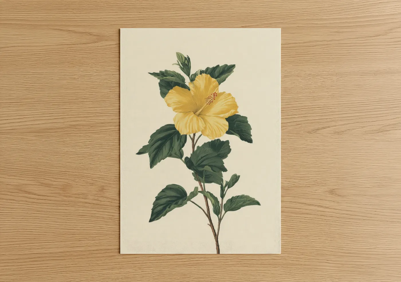Art print on warm oak wood — yellow gold and dark green palette — Golden Hibiscus poster