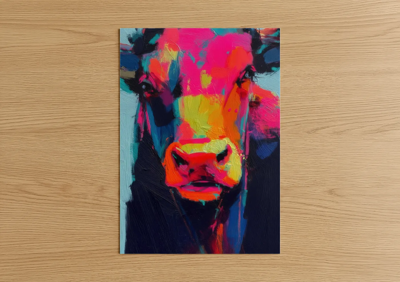 Art print on warm oak wood — magenta and yellow gold palette — Neon Bull Portrait poster