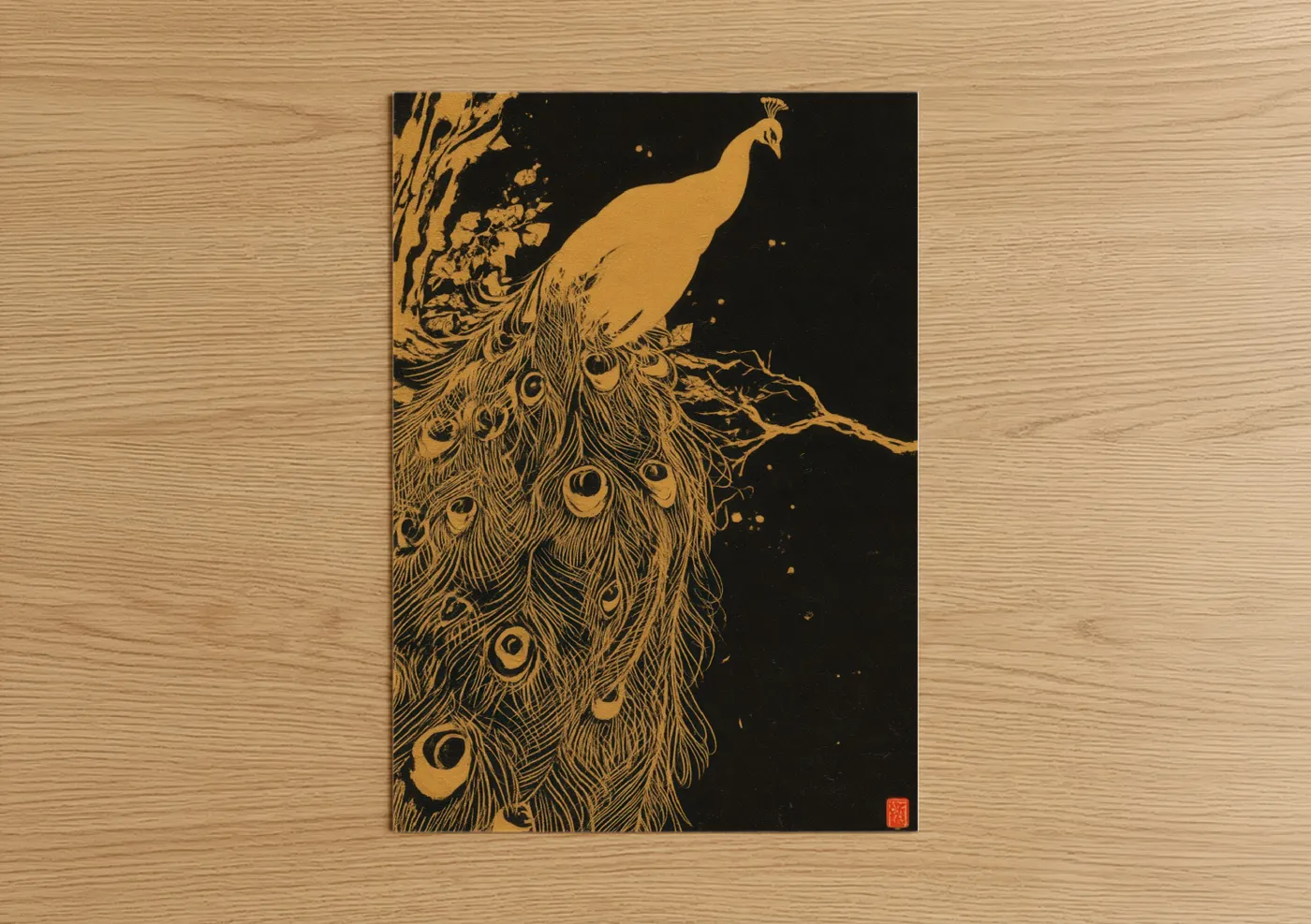 Art print on warm oak wood — gold and black palette — Golden Peacock poster